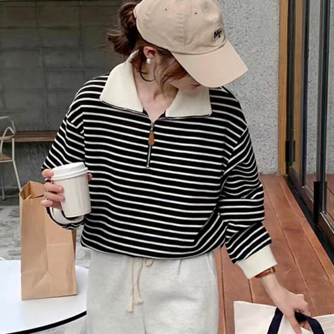 데일로엔 여성 심플 스트라이프 긴팔 반집업 티셔츠