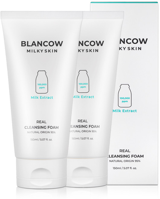 국내 최초 노폐물 98.9% 세정력 블랑카우 리얼 밀크 클렌징폼 피부보습 탄력 피부결 수분개선, 2개, 150ml