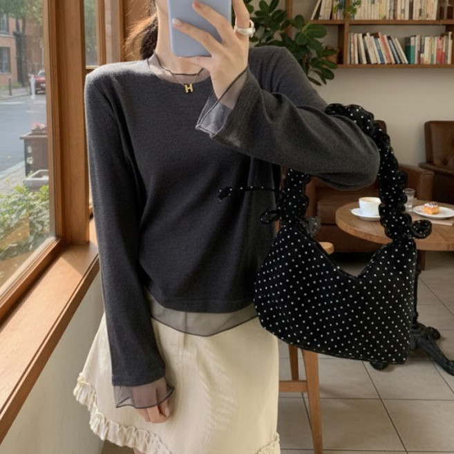 더그랜 여성 베이직 무지 레이어드 레이스 긴팔 티셔츠 라운드넥 데일리룩