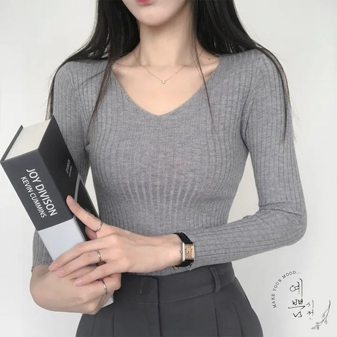 예쁨시전 간절기 착붙 슬림핏 시크 브이넥 긴팔 골지 니트 티셔츠