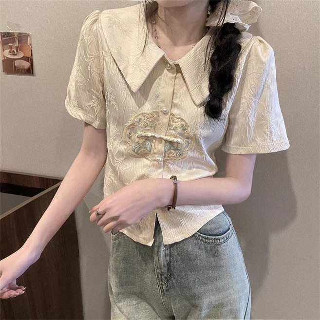 新中式刺繡娃娃領短袖上衣