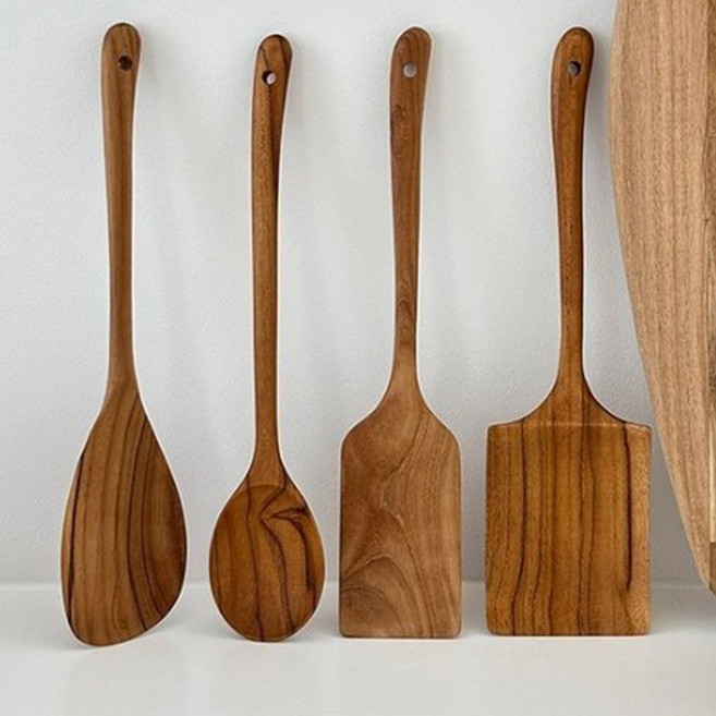 몽다름아 100% 아무것도 칠하지 않은 천연 티크우드 나무주걱 뒤집개 조리도구 스푼 4종세트 집들이선물, 1세트, 계란말이 뒤집개 L+볶음스푼+서빙스푼+뒤집개 M, 1개