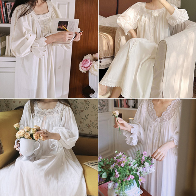 순면 롱 원피스 홈웨어 반팔 긴팔 파자마 여성스러운 공주님 잠옷