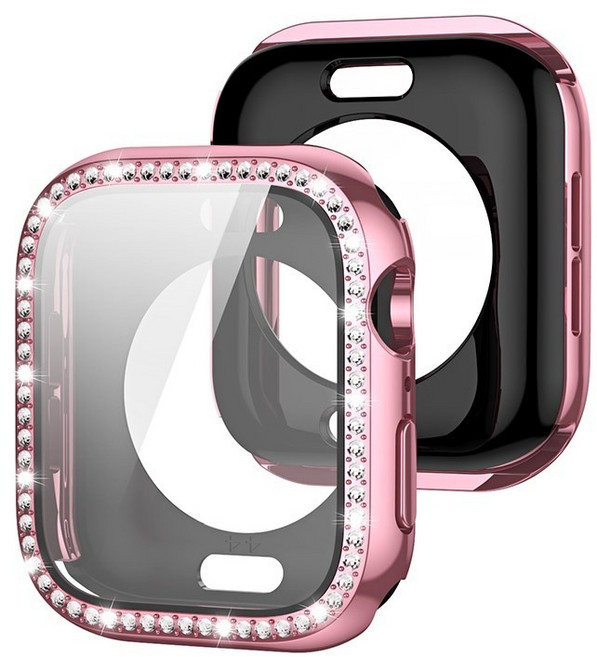 Rabbit Technology 全包電鍍 防撞保護 適用Apple Watch錶殼, 玫瑰粉單排鑽全包殼,42mm（S11/S10）通用, 1個