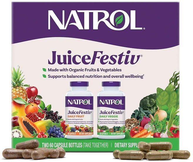 Natrol Juicefestive 데일리 과일 및 채소 캡슐 120개 (60개 병 2개), 120, 1 - 쿠팡