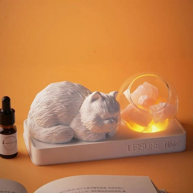 證寂貓咪香氛助眠小夜燈擴香石擺件臥室無火晶石香薰燈生日禮物, 貓咪香薰【橙色晶石】+精油,藍風鈴