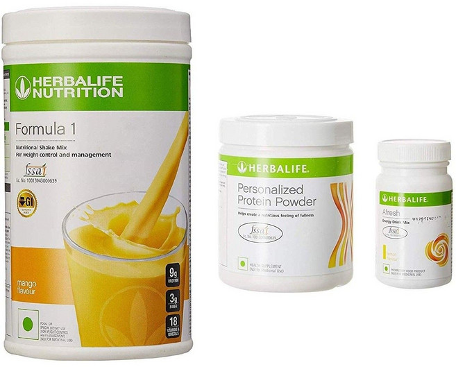 허벌라이프 망고 맛 단백질 식사 대용 쉐이크 500g + 맞춤형 단백질 파우더 200g & 아프레쉬 레몬 맛 50g 에너지 & 영양 음료 콤보 세트, 3개입, 1개