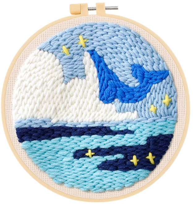 투데이리빙 DIY 펀치 니들 자수 세트 초보자 힐링 취미 뜨개질 만들기 감성 털실 펀칭 공예 십자수 키트 귀여운 원형 소품 액자 프레임, 고래의꿈, 1세트