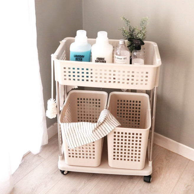 이동식 빨래바구니 정리 분리수거함 수납형 더블 2단 3단, 베이지