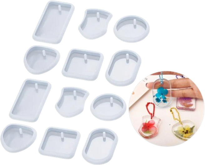 레진 실리콘 몰드 원형 아트 키링 12p 세트, 원형2개x사각2개x하트2개x타원2개x직사각2개x방패2개