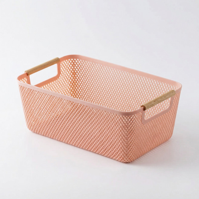 슈나온 우드 손잡이 팬트리 주방 화장대 메쉬 바구니, 1개, 핑크