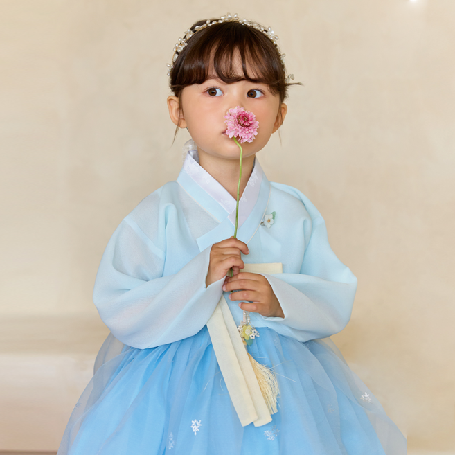 키즈톡톡 아정 여아 한복 (1-9호) 유아 아동 어린이 여자아이 블루 파랑 전통 드레스 퓨전 저고리 치마 세트