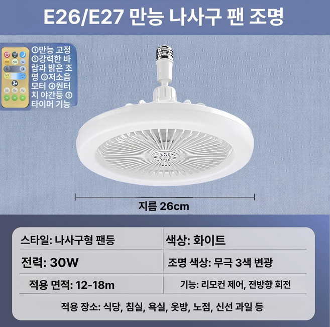 실링팬 소켓 거실 코드선 천장 식물등 안방 리모컨 전구 써큘레이터, 21-30W, 화이트 - 최고급 5날개 리모컨 포함, 기본 색상