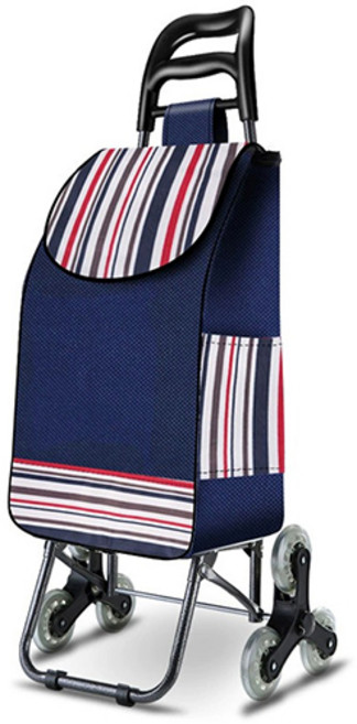 계단오르는 세발 접이식 쇼핑 카트 시장 바구니, (크리스탈휠)네이비 스트라이프, 1개