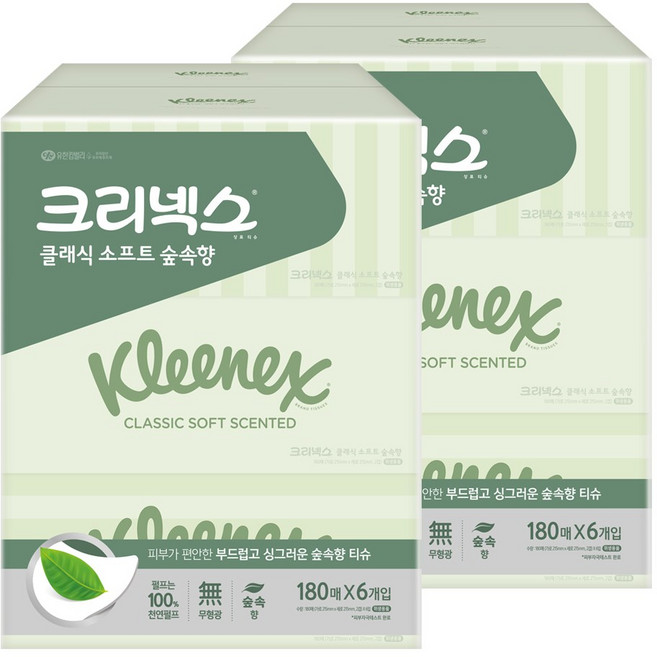 크리넥스 클래식 천연펄프 숲속향 미용티슈 2겹 180매, 6개입, 2개