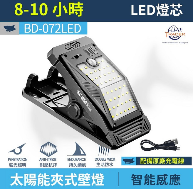 太陽能夾式庭院壁燈 LED掛牆燈 高亮庭院燈 自動感應戶外照明, 微笑鯊 BD-072LED
