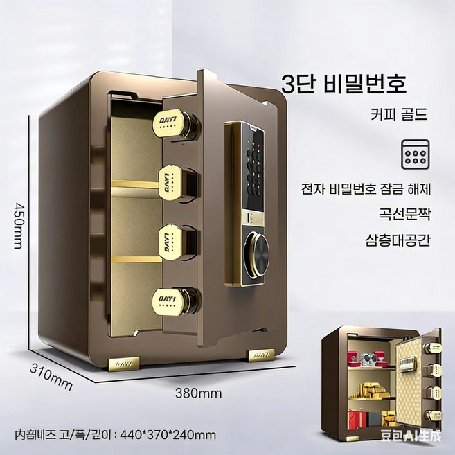 금고 가정용 비밀번호 지문 도난 방지 금고 사무용 보관함, 45커피 골드
