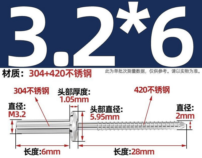 天卓五金 圓頭封閉式不銹鋼抽芯鉚釘 304帽420芯, 1個, 3.2*6【80個】