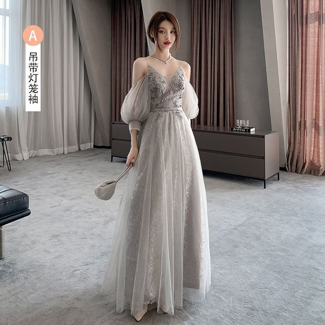 妃雪森 宴會晚禮服 2026新款 氣質優雅 超仙 伴娘服 年會主持 成人禮 修身連衣裙, 銀灰色 A款長款,M