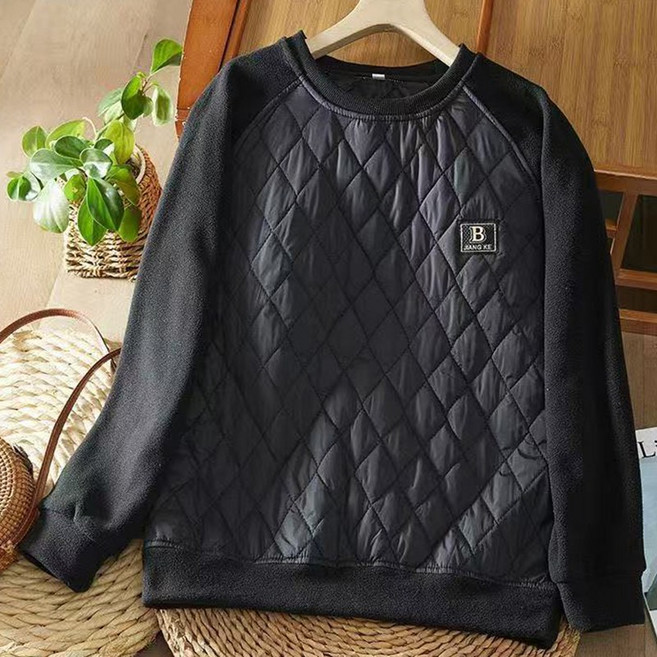 가을겨울 보온성 극대화 퀼팅 패턴 두꺼운 플리스 라운드넥 여성 스웨트셔츠 두꺼운 기모 티