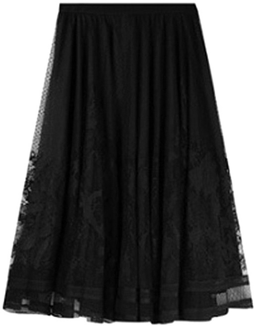 네모엔룩 클레어롱레이스 빅사이즈 여성용 시스루 플라워 레이스 망사 허리밴딩 플레어 맥시 롱 스커트