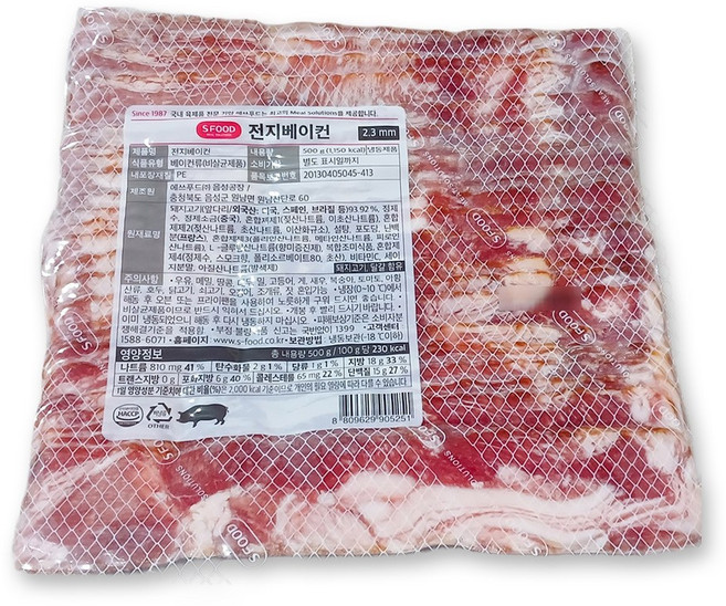 전지베이컨 (에쓰푸드 냉동 2.3mm 500g) 피자용 구운향 구이용 백반집 버거용, 1개, 500g
