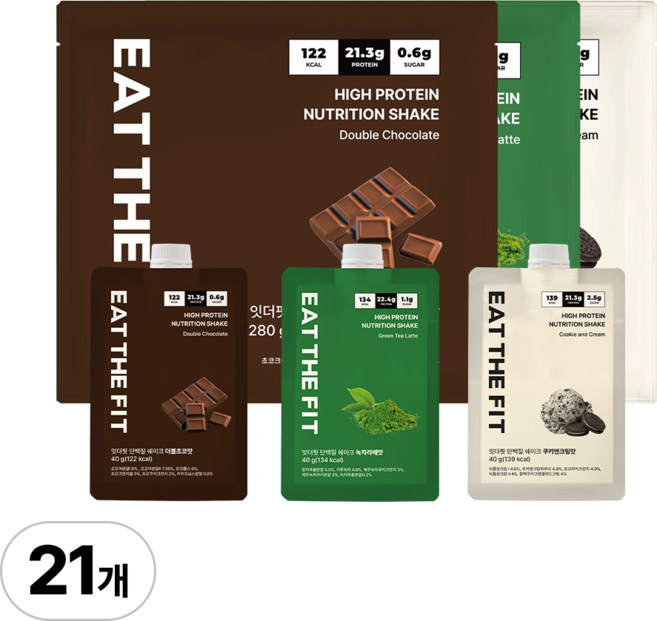 잇더핏 단백질 쉐이크 3주플랜 (더블초코맛 1주+녹차라떼맛 1주+쿠키앤크림맛 1주), 3개, 280g