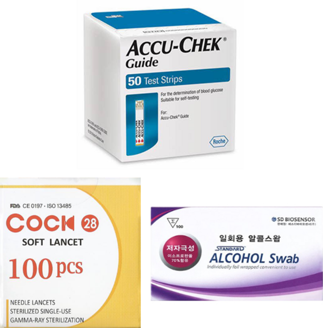 아큐첵 가이드 Accu-Chek Guide 혈당시험지 혈당검사스트립 세트(시험지50매+호환침100개+알콜솜100매) SW, 1개