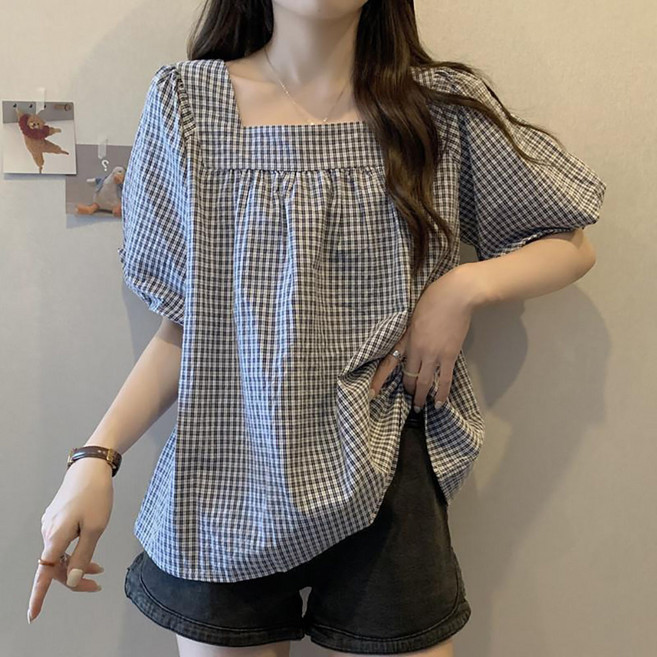 MOSAIRATION 여성용 빅사이즈 루즈핏 체크 퍼프소매 티셔츠 사각넥 반팔 캐주얼 티셔츠 I050911