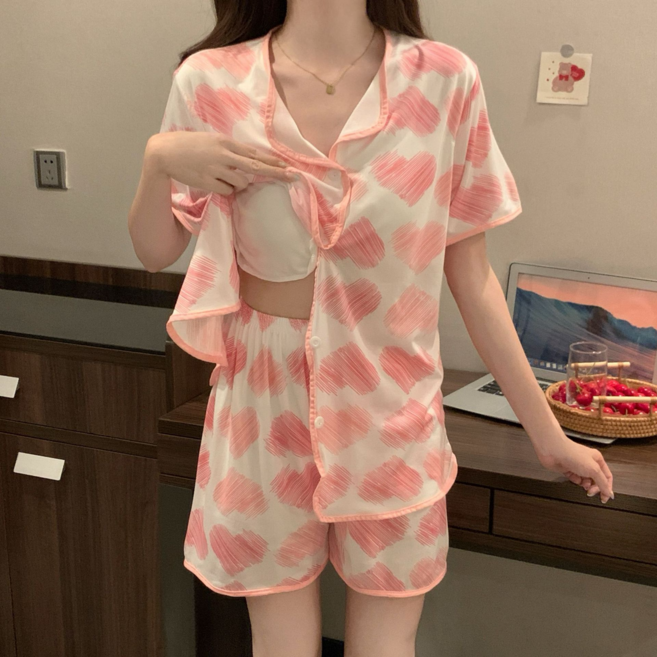 春夏季短袖睡衣女款帶內置胸墊家居服