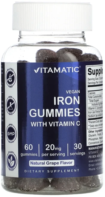 단백질 비타민 철분 마그내슘 칼슘 Vitamatic 비타민C 함유 비건 철분 구미젤리 천연 포도 맛 구미젤리 60개 고루고루섭취해주세요, Vitamatic비타민C함유비건철분구미젤리천연포도맛구미, 1개 - 쿠팡