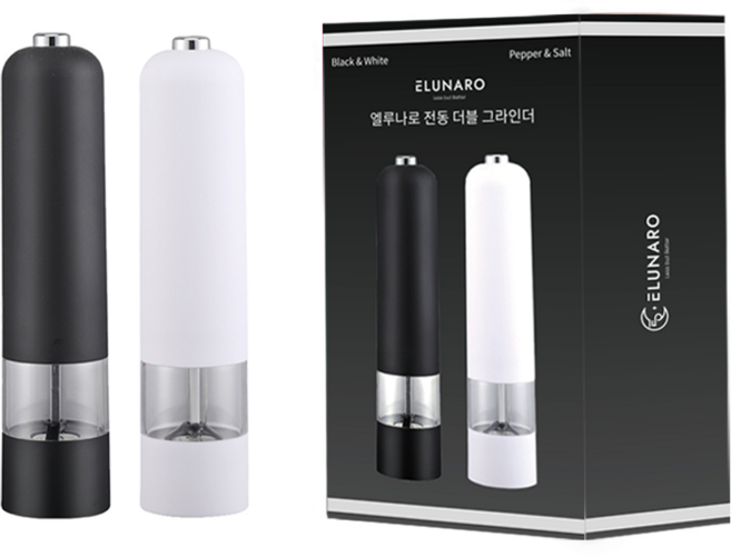 1+1 엘루나로 자동전동소금후추그라인더, 1세트, 블랙+화이트, 80ml