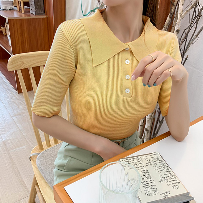 밍키비 100176C 단추4개 카라넥 슬림핏 여자 니트 티셔츠