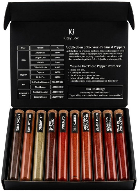 KITSY BOX 프리미엄 후추 파우더 버라이어티 팩 - 순한 것부터 세계에서 가장 뜨거운 것까지 고메 칠리 10개 | 고스트 페퍼 캐롤라이나 리퍼 하바네로 카이엔 치폴