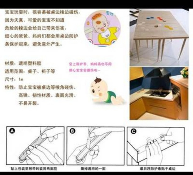 桌邊防護條 保護寶寶安全, 軟矽膠1m桌面防撞條嬰兒安全防護條透明防撞條兒童防護措施, 1個