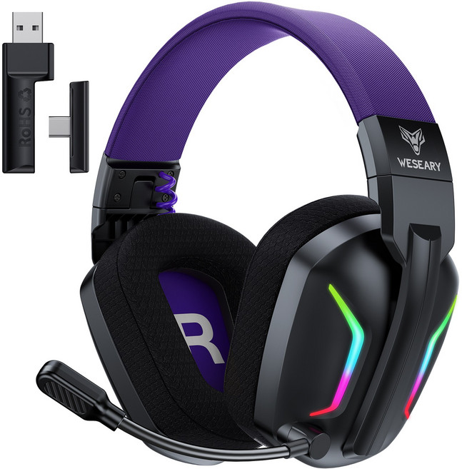 WESEARY 무선 게이밍 헤드셋 WG1 가상 7.1채널 초경량 2.4GHz 저지연 3D 사운드 노이즈 캔슬링 마이크, 블랙 퍼플