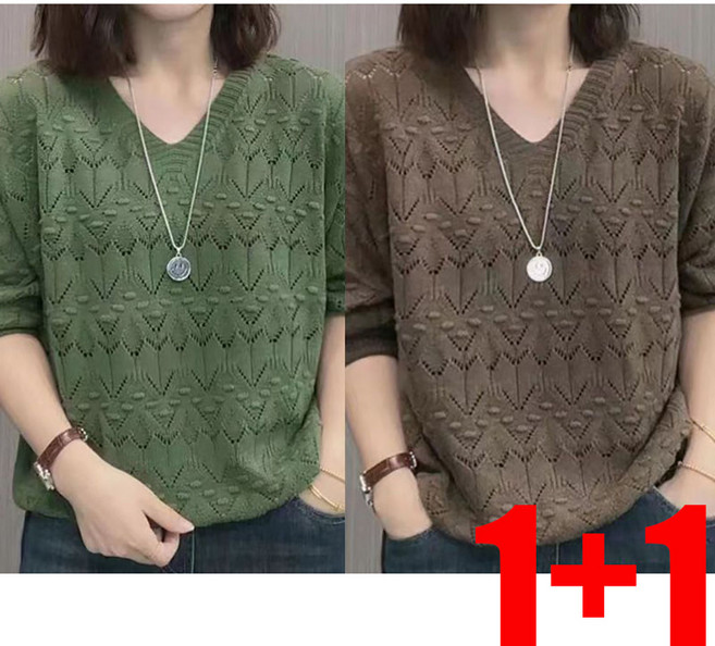 ZIGODAG 1+1 가을 겨울 여성 V넥 홀가먼트 긴팔 니트 ZXCYYCD42544