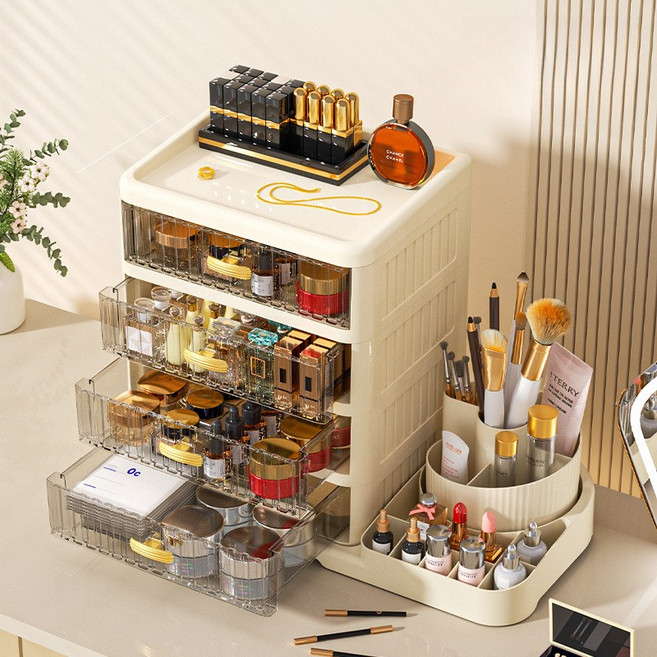 호밍사이 고급 화장품 수납함 서랍형 2in1 디자인 화장대 화장 브러쉬 정리함 포함, 1개, 크림색