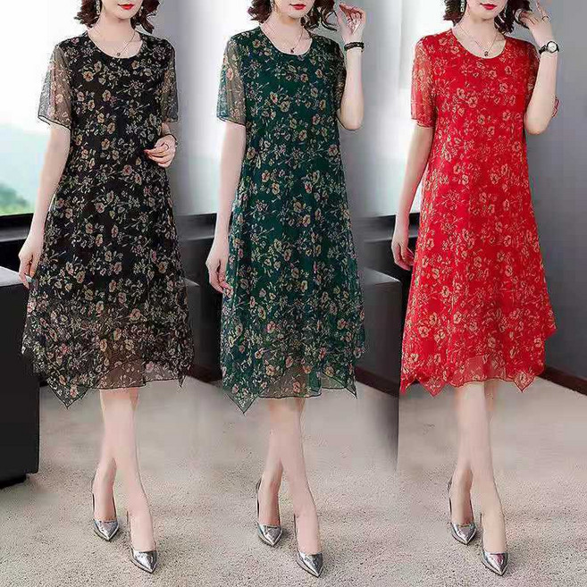 100kg까지 빅사이즈 오버핏 캐주얼 바캉스룩 꽃무늬 망사 시스루 뱃살커버 잔꽃 패션룩 롱 여름 여성 원피스 5color