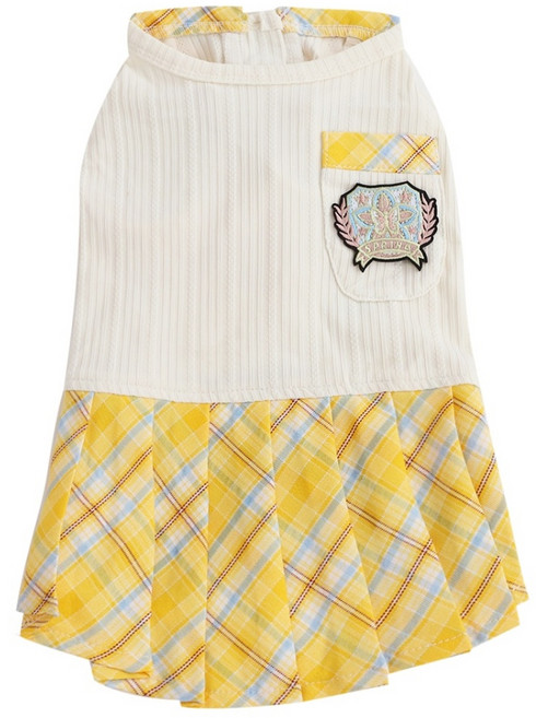 유앤펫 하이틴 체크 스쿨룩 원피스 중형견 대형견옷, 옐로우, 1개