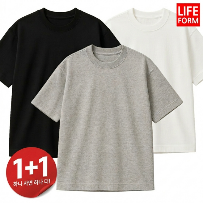 [1+1] 라이프폼 12수 고밀도 남성 여성 순면100% 무지 라운드 반팔티