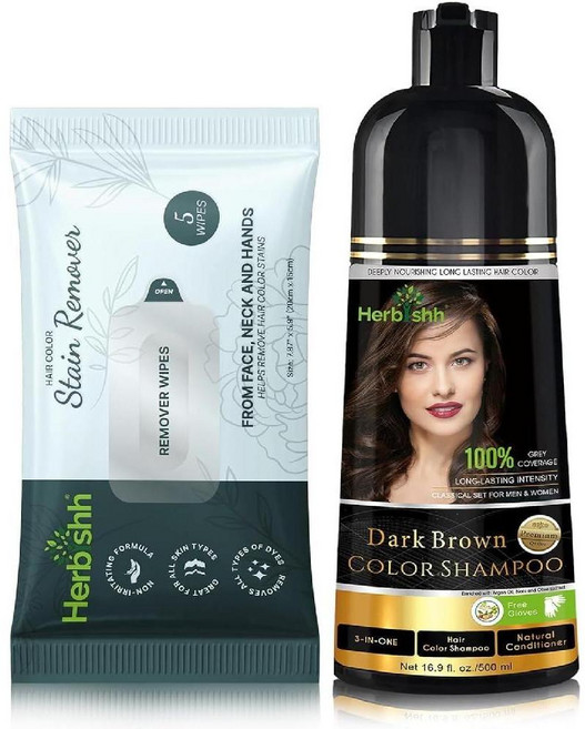Herbishh 블랙 컬러 샴푸 백모 커버 3in1 천연 염색 클렌징 컨디셔닝 500ml 3~4주 지속 (원산지 중국), 다크 브라운+물티슈