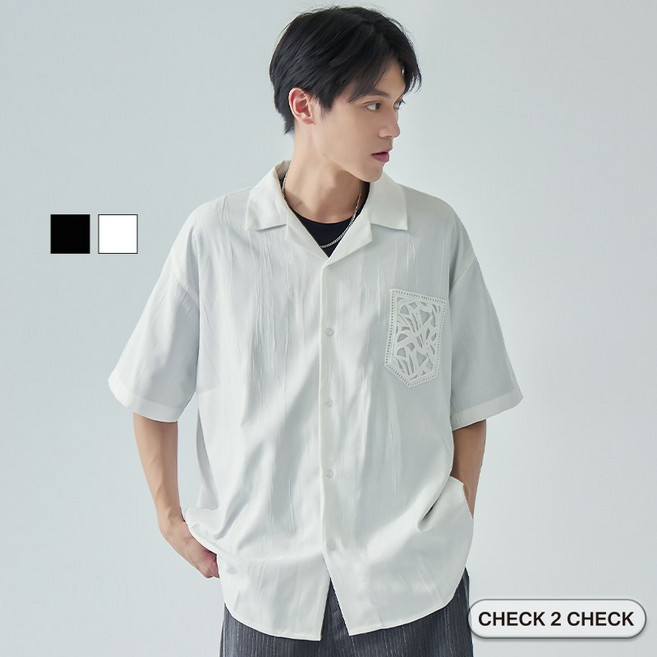 Check2Check 鏤空口袋短袖襯衫 古巴領 特殊紋路布料 寬鬆 男女適穿 CB0225130
