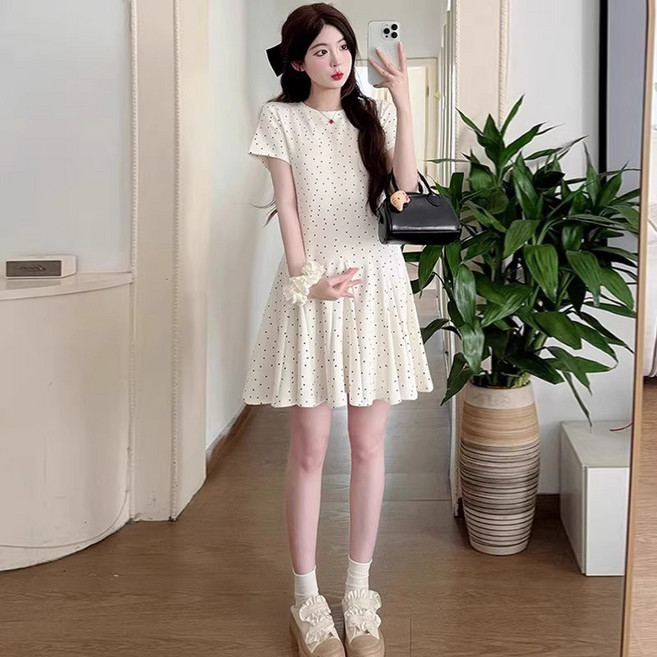 DIU 孕婦裝夏新款時尚法式寬鬆遮肚波點短裙夏季孕婦中長款連衣裙