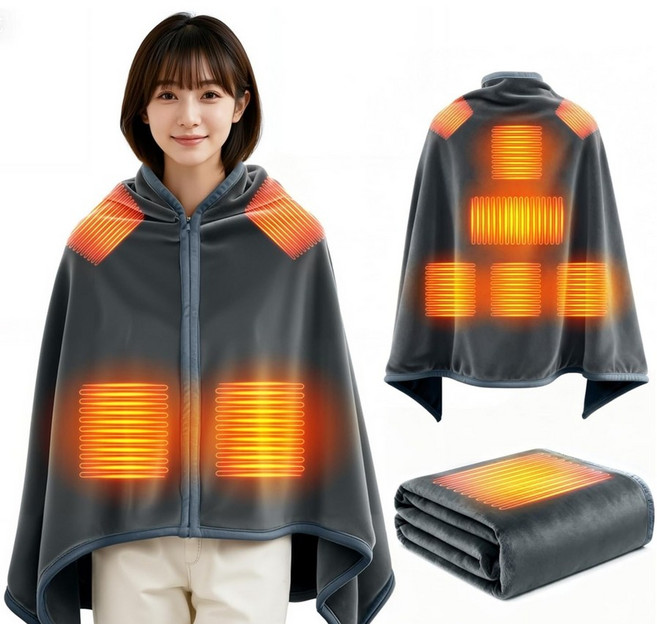 일본 전기담요 22800 배터리 포함 USB 어깨 자동차 담요 타이머 전자파 판초형 지퍼, 브라운
