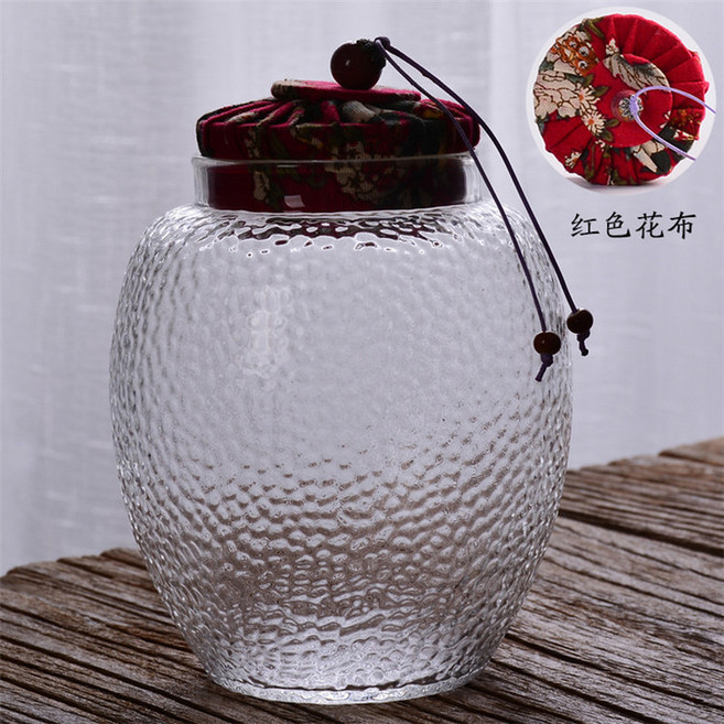 錘紋玻璃密封儲茶罐, 1個, 红色花布,800毫升