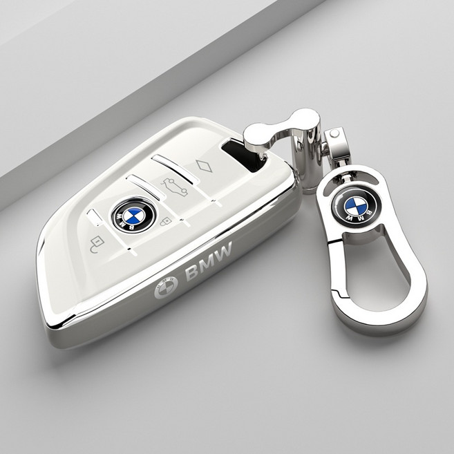 BMW 차키 케이스 커버 3시리즈/5시리즈, 실버 에지+아이보리+로고 버클, FREE