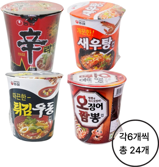 농심 신라면+튀김우동+새우탕+오징어짬뽕 6입 4개 (총 24개), 24개