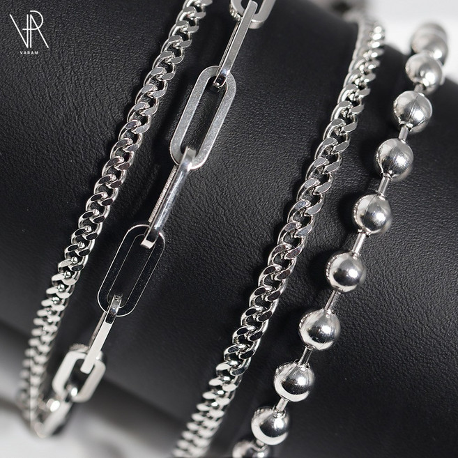 VARAM 써지컬스틸 도트체인 클립체인 변색없는 두줄 레이어드 팔찌