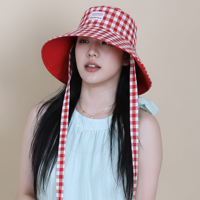 블랙루비스 깅엄체크 스트랩 챙넓은 벙거지 버킷햇 여름모자 SUN005